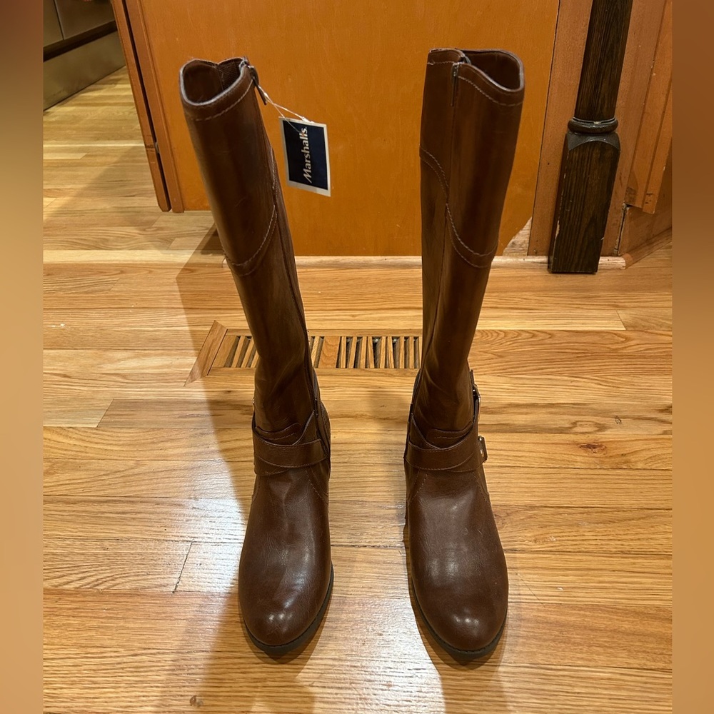 BRAND NEW Calf Length Brown Boots with Gold Hardware